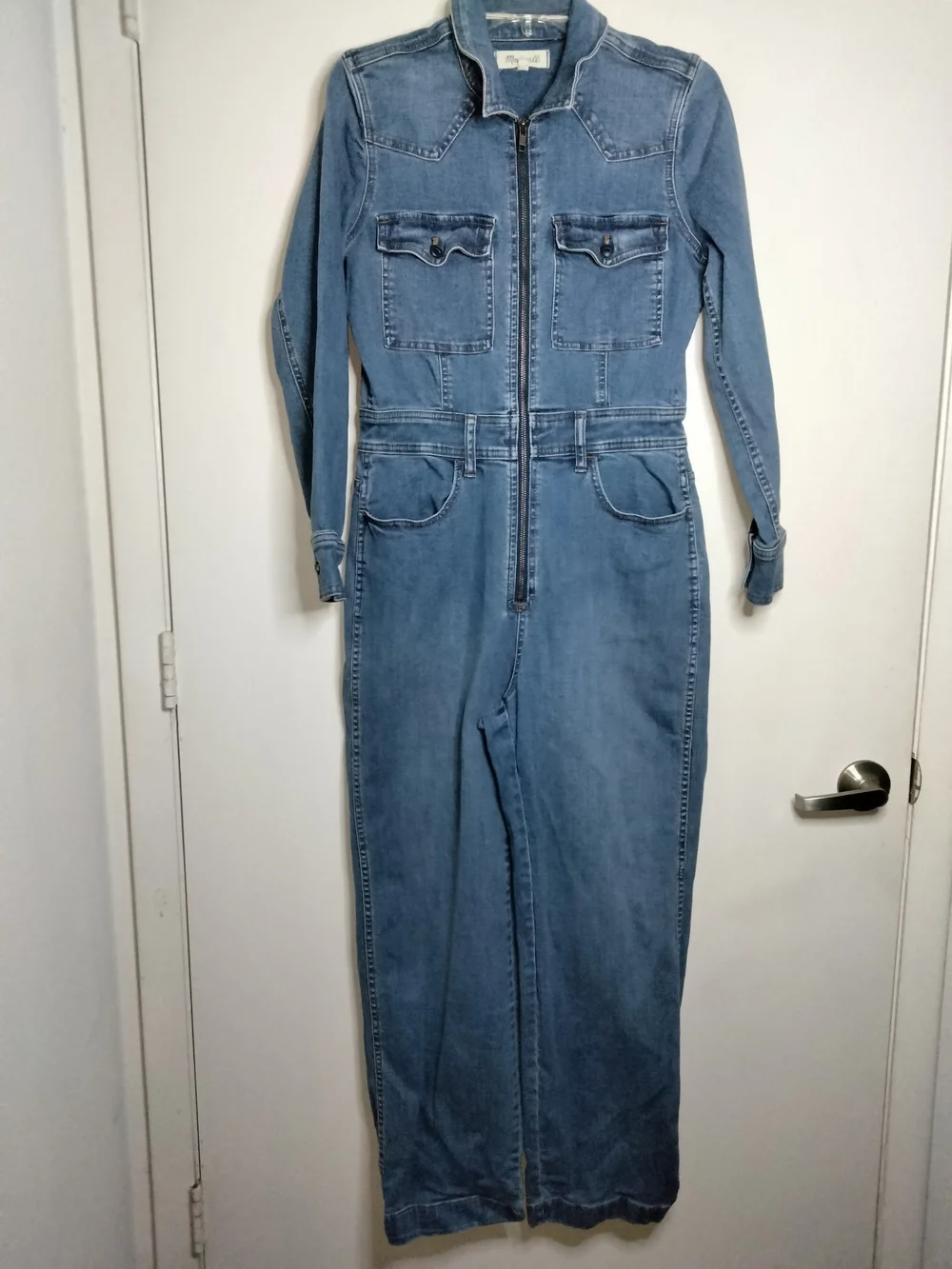 Madewell (Sz 6) Blue Stretch Cotton Blend Full Zip Slip Pocket LS Denim Jumpsuit
